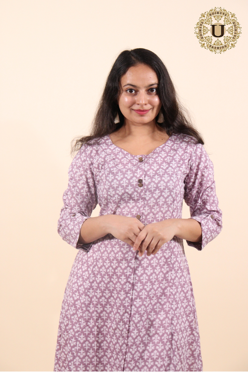 Lavender printed cotton panel-cut long kurti