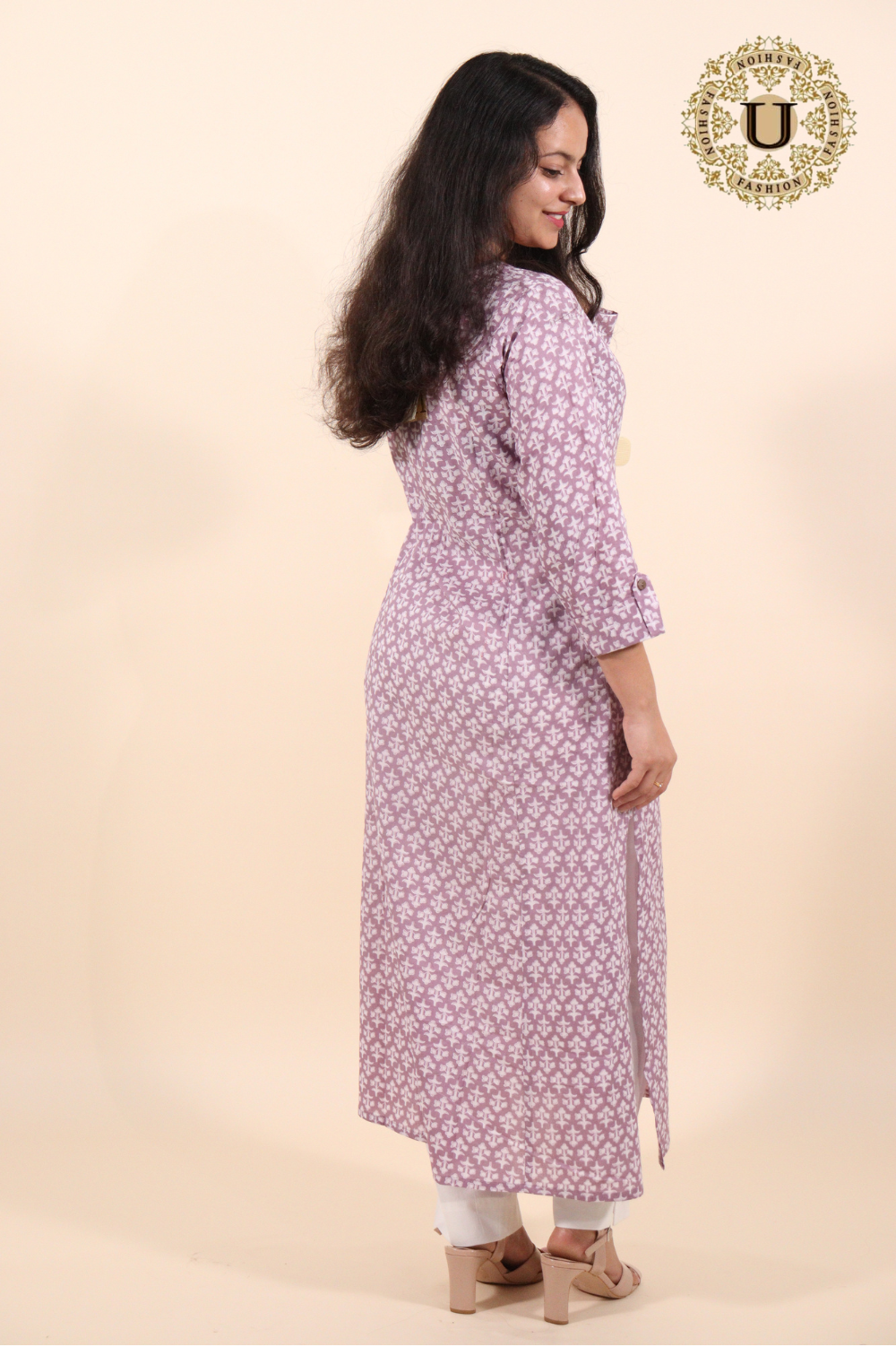 Lavender printed cotton panel-cut long kurti