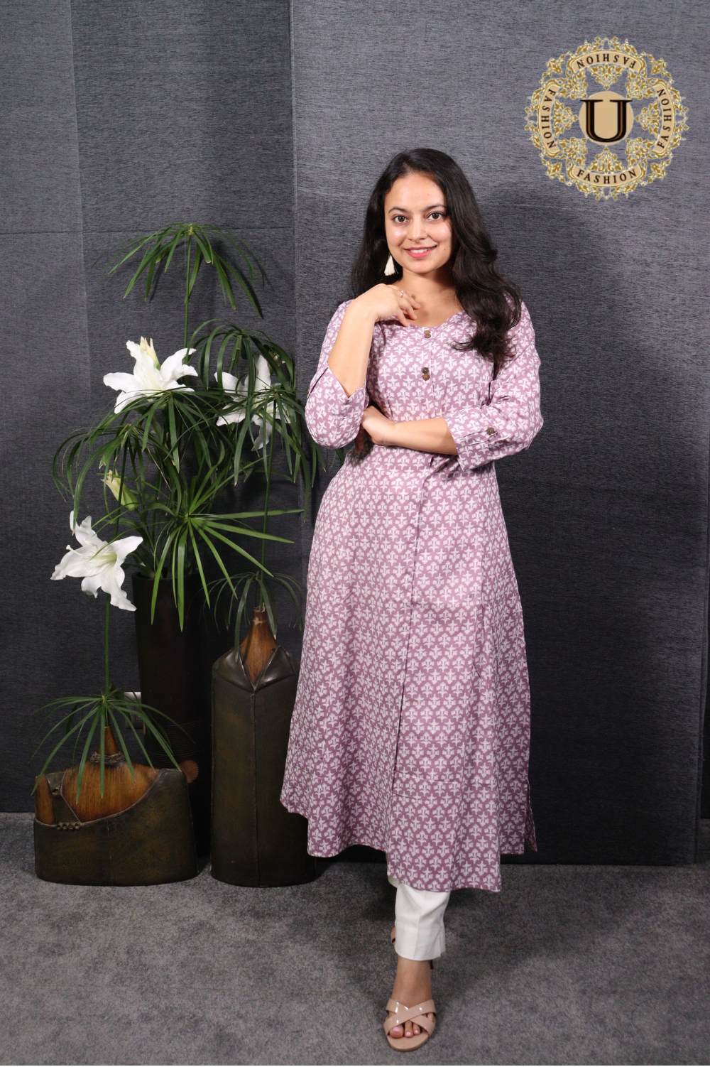 Lavender printed cotton panel-cut long kurti