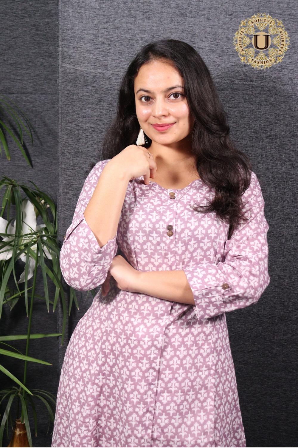 Lavender printed cotton panel-cut long kurti