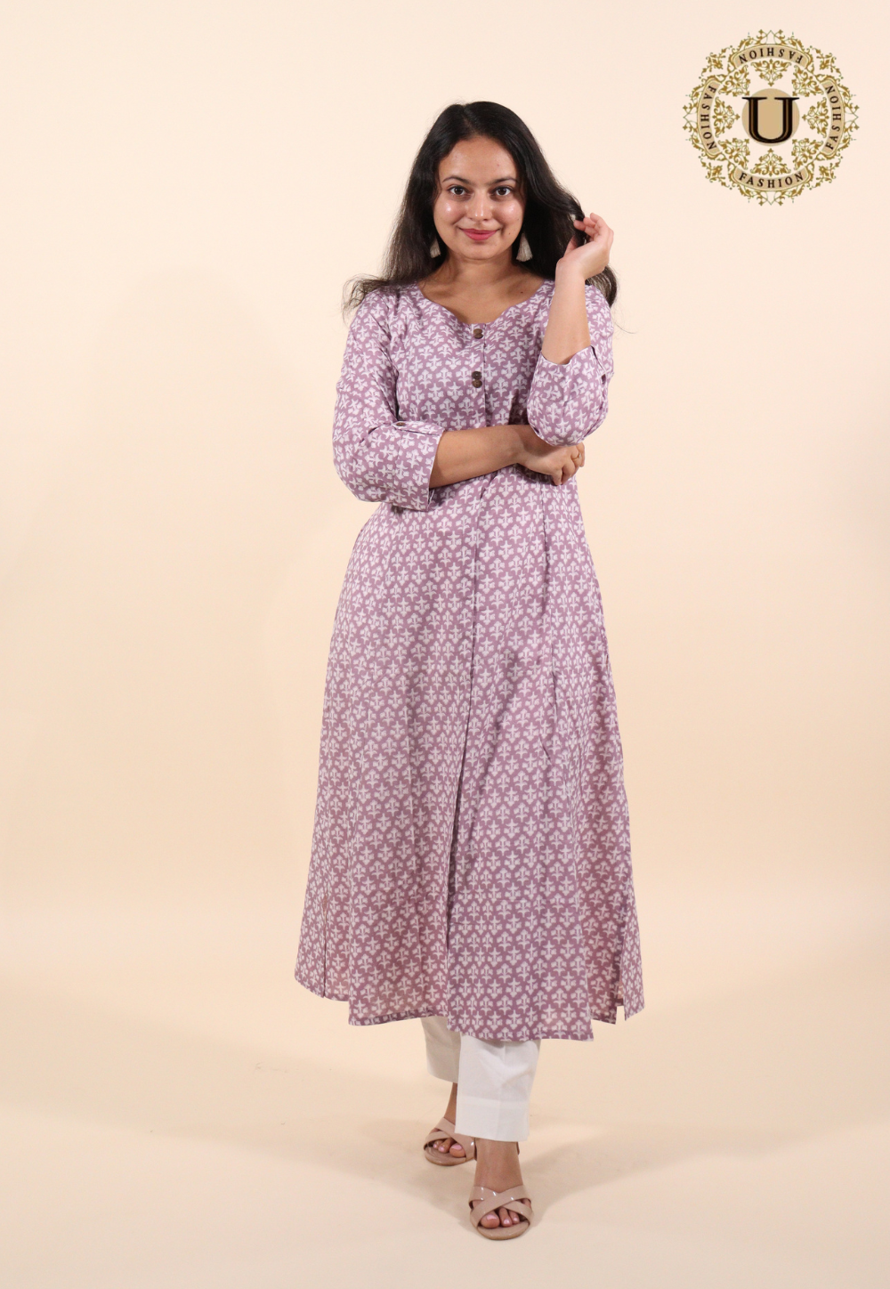 Lavender printed cotton panel-cut long kurti