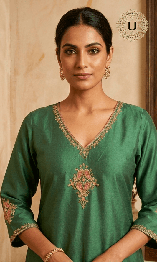 Metalic Green Embroidered Long Kurti U fashion