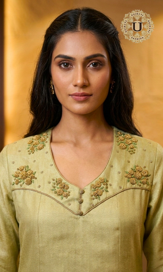 METALIC PISTA BLENDED SILK HAND EMBROIDERED KURTI