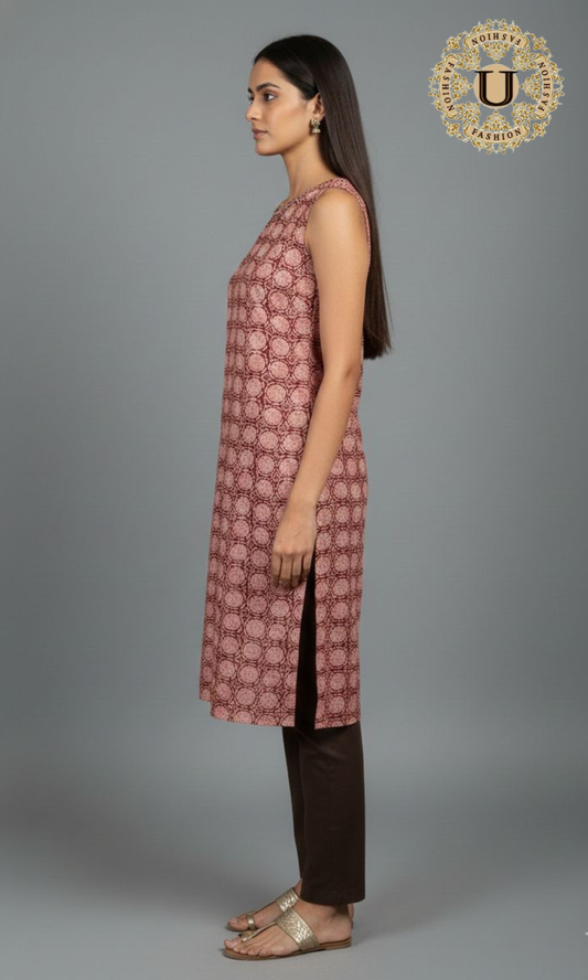 Onion Pink Cotton Sleeveless Long Kurti