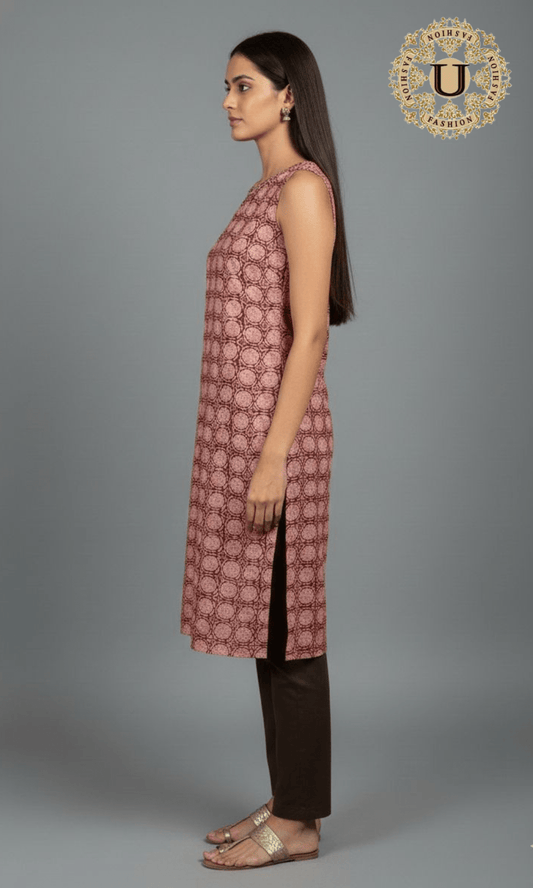 Maroon sleeveless cotton kurti U fashion