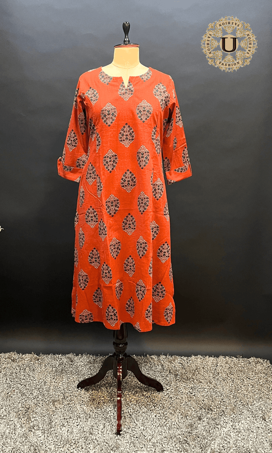 Orange Cotton Long Kurti with Bold Ethnic Prints U fashion