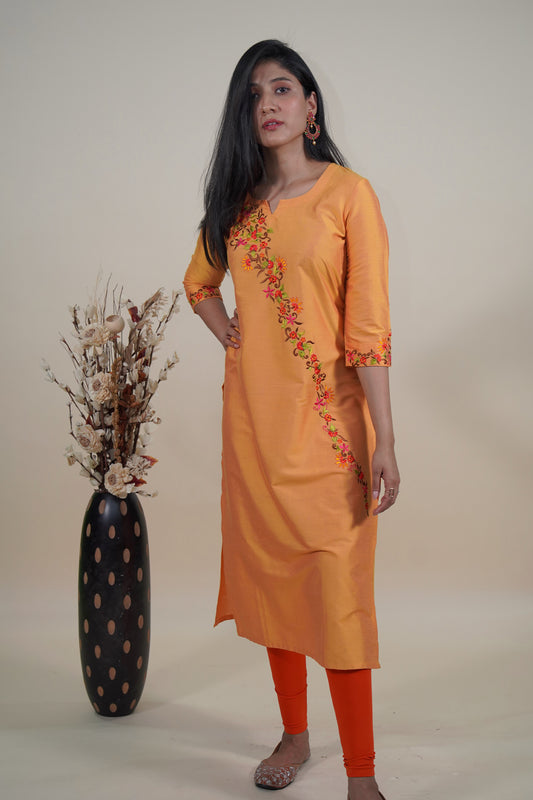 Orange spun floral embroidered long kurti