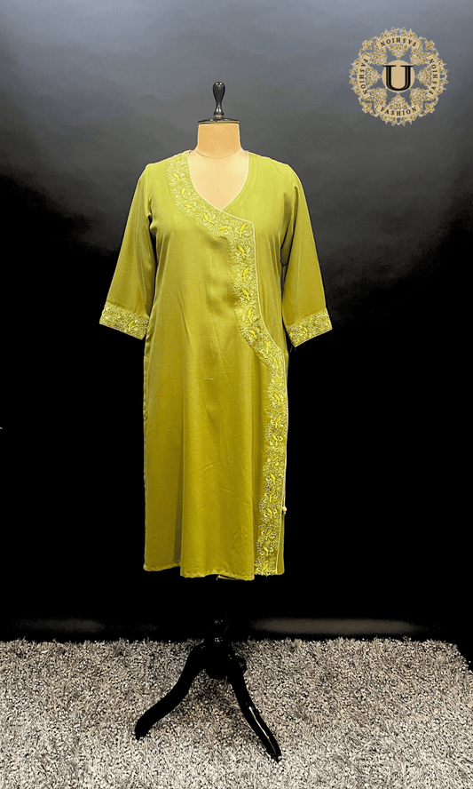 Lime Green Spun Embroidered Long Kurti M U fashion
