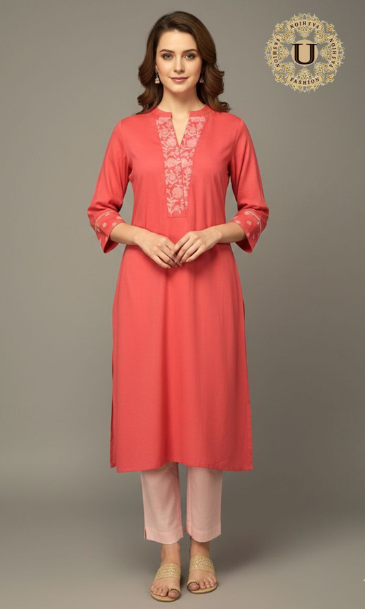 Peach Cotton Emroidered Long Kurti