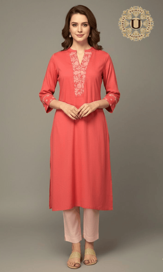 Peach Cotton Emroidered Long Kurti M U fashion