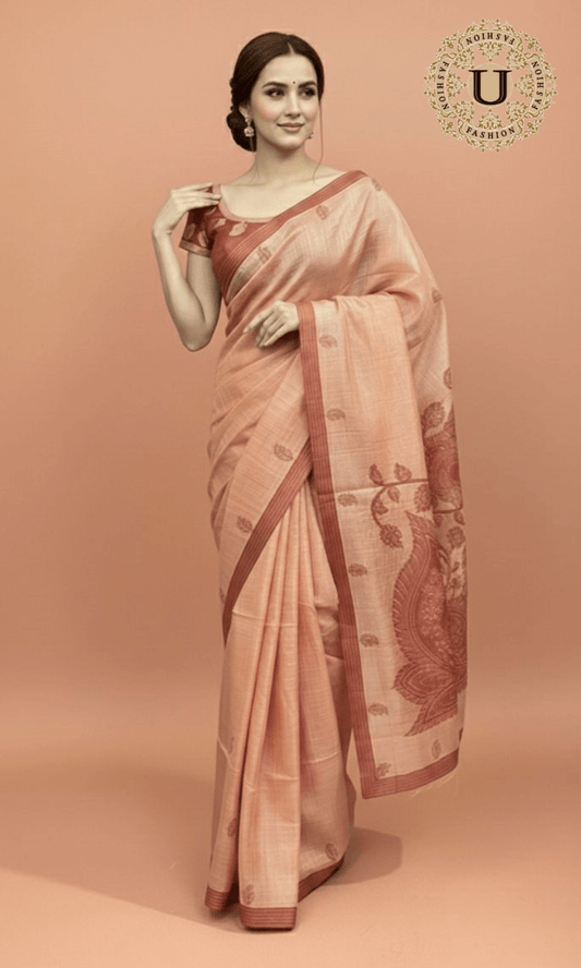 Peach Tussar Silk Applique Work Saree U fashion