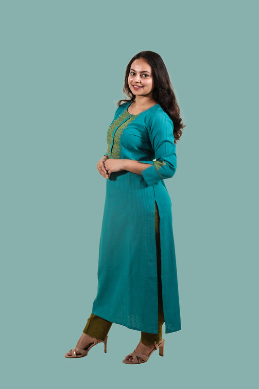 Peacock Blue Applique Work Cotton Kurti