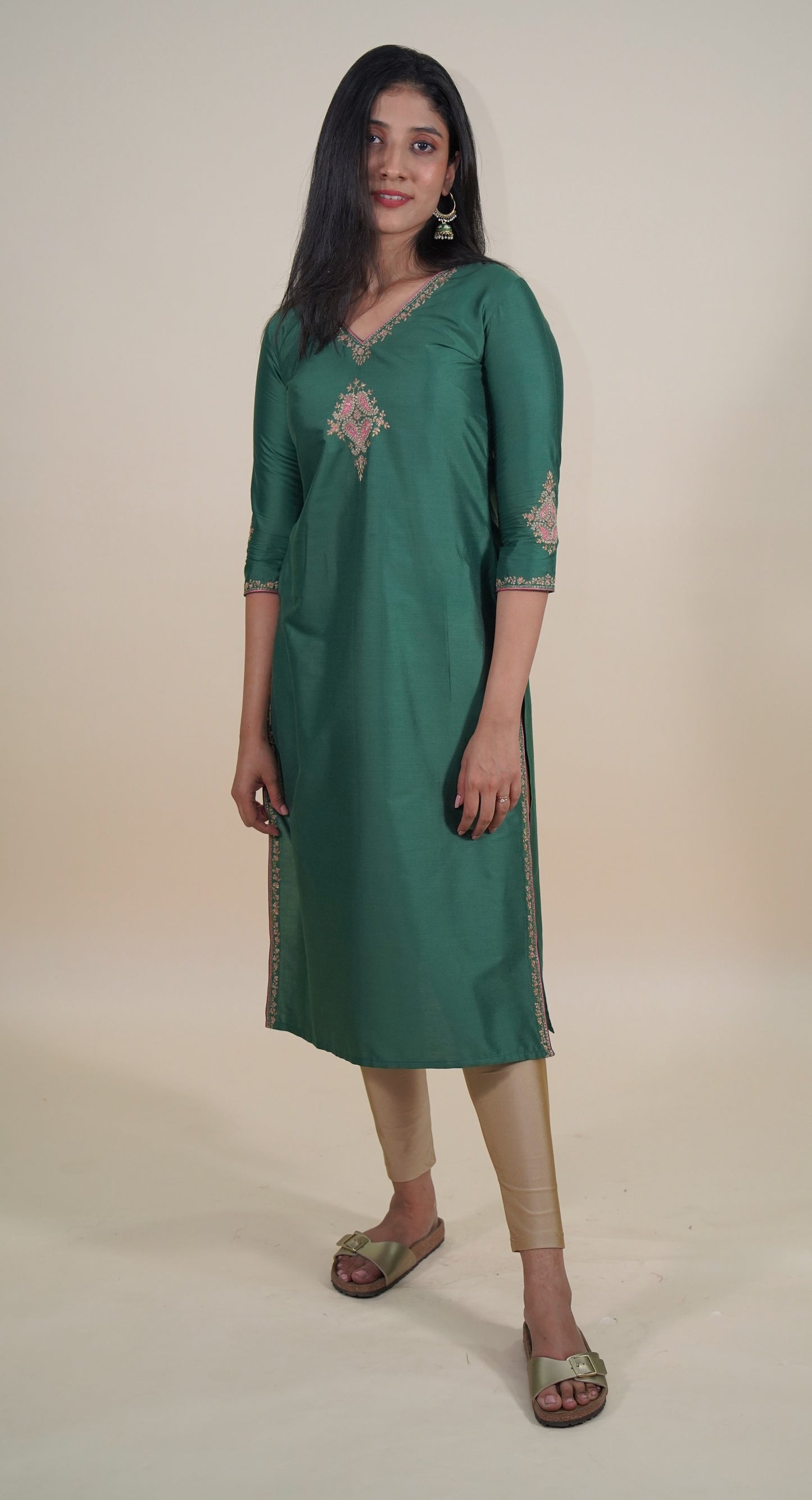 Metalic Green Embroidered Long Kurti
