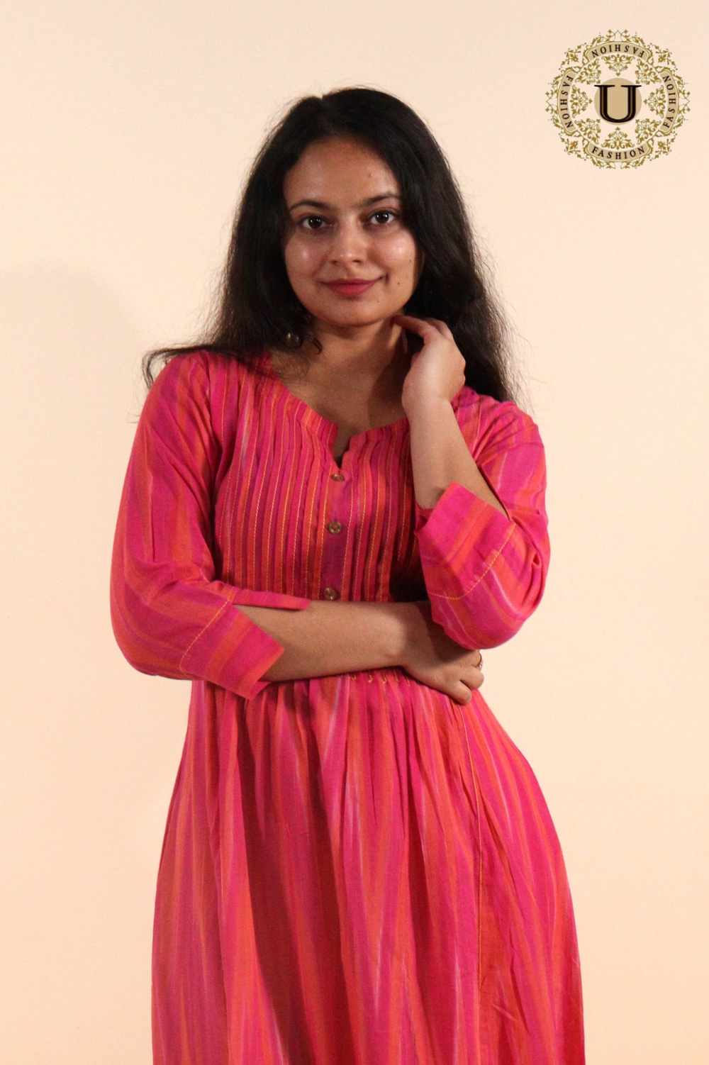 Fuschia pink woven cotton pleated long kurti