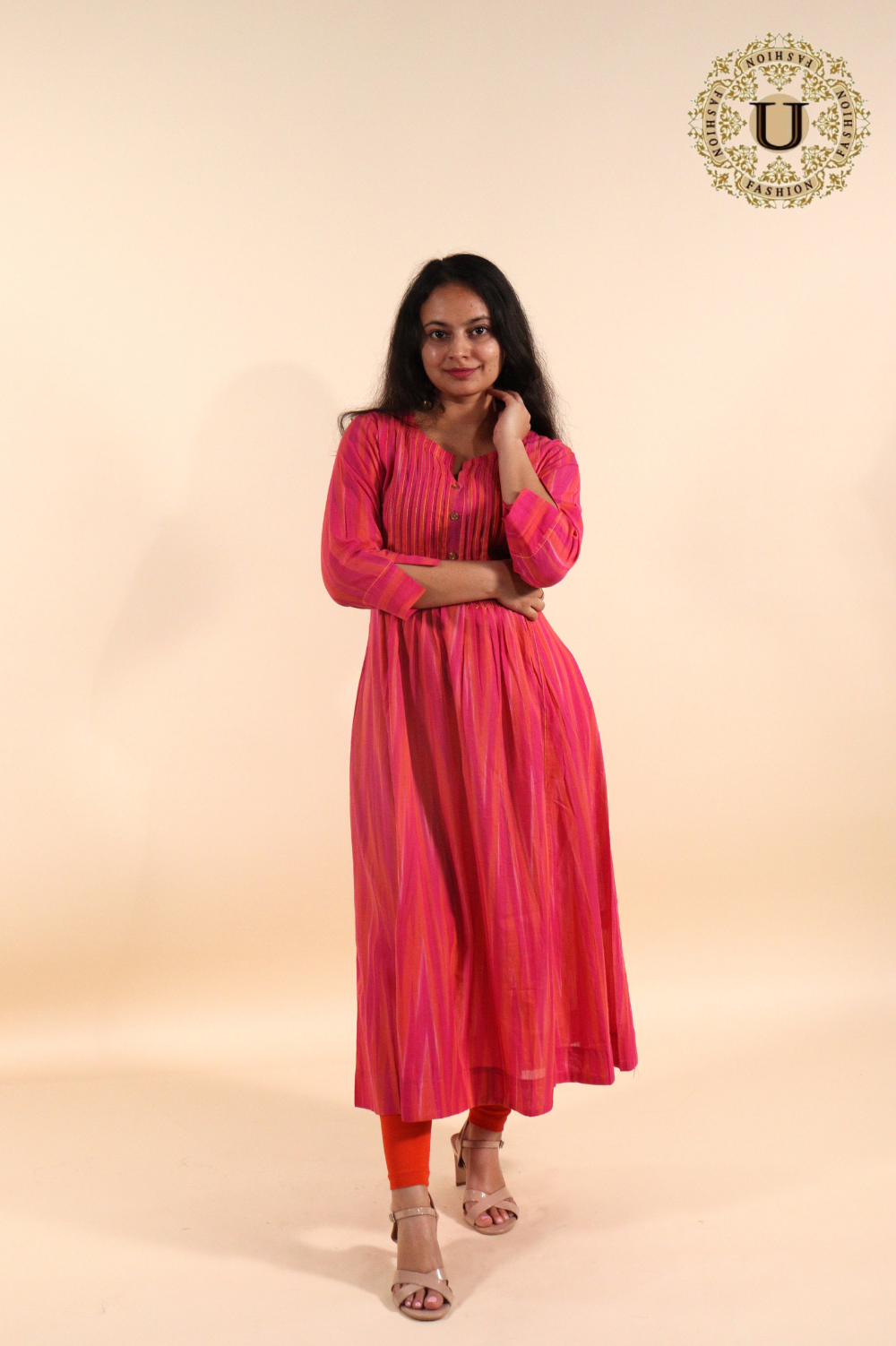 Fuschia pink woven cotton pleated long kurti