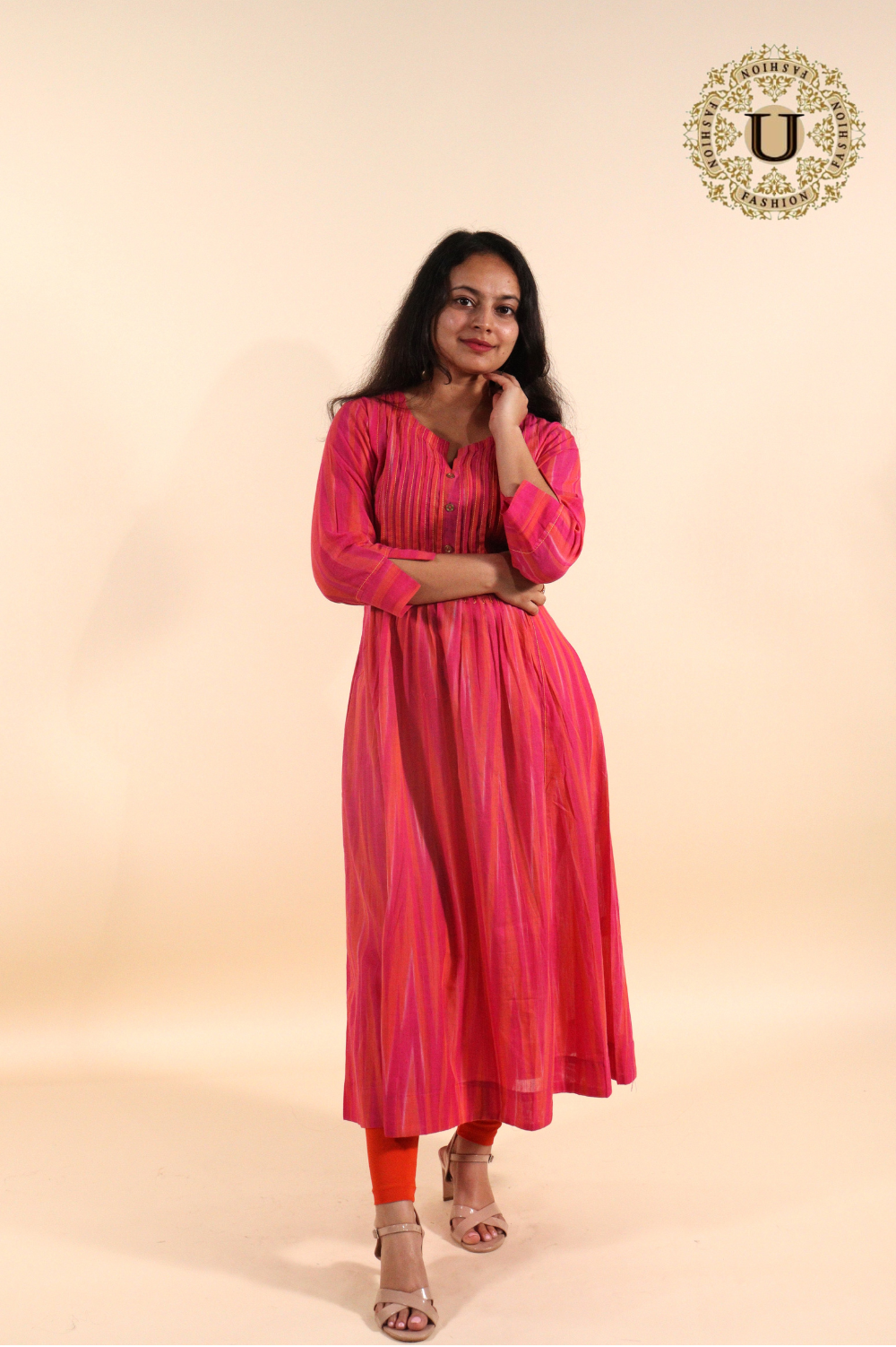 Fuschia pink woven cotton pleated long kurti