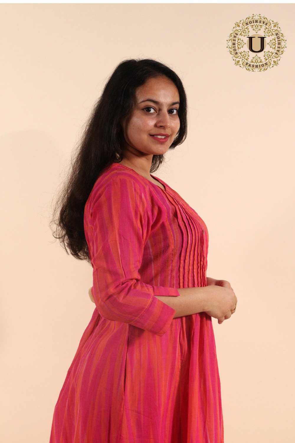 Fuschia pink woven cotton pleated long kurti