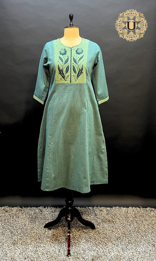 Aqua Blue Applique yoke Long Kurti