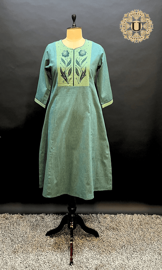 Aqua Blue Applique yoke Long Kurti U fashion