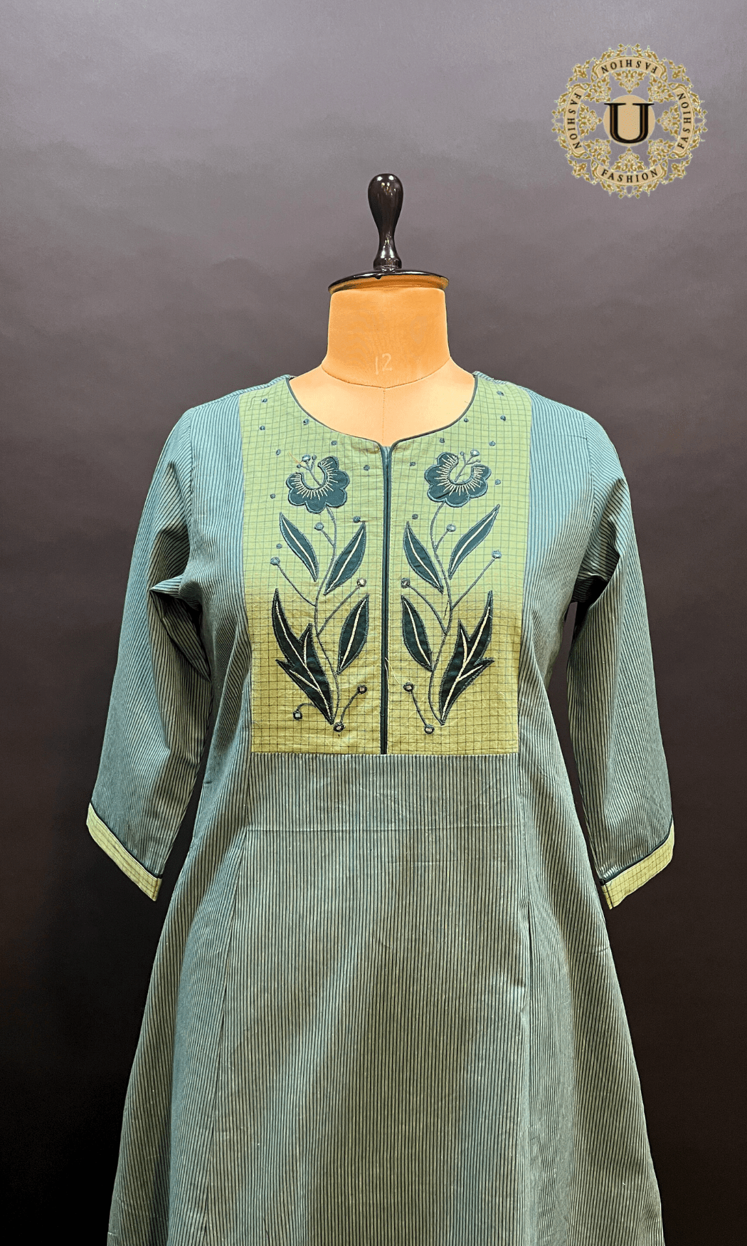 Aqua Blue Applique yoke Long Kurti U fashion