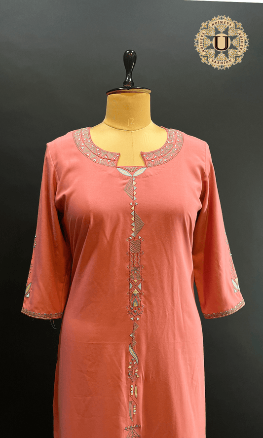 Peach Spun Embroidered Long Kurti U fashion
