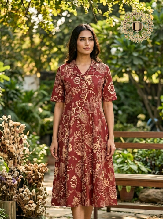 Rust Soft Cotton Indo-Western Flare Kurti with Big Prints U fashion