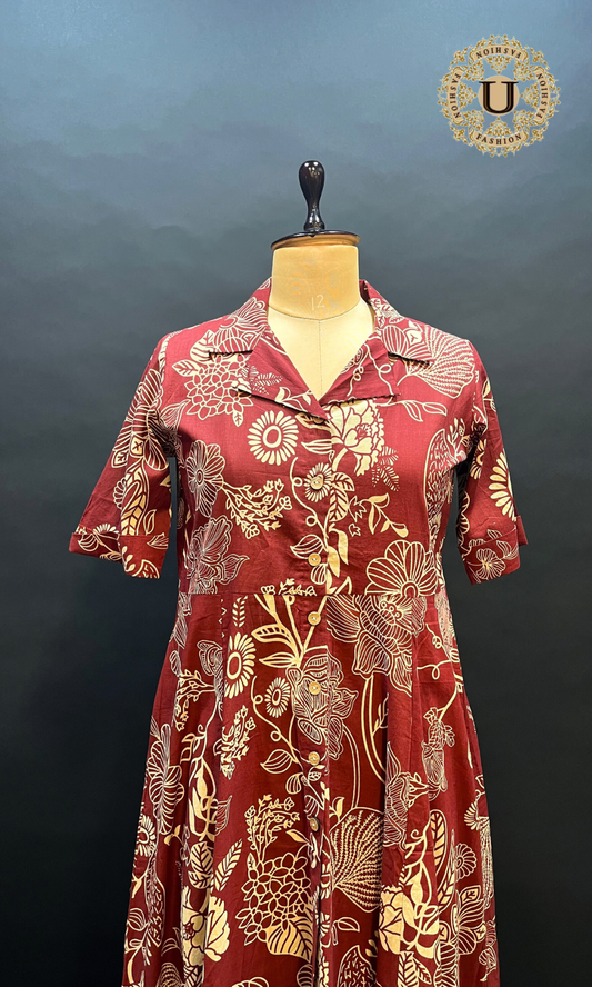 Rust Soft Cotton Indo-Western Flare Kurti with Big Prints