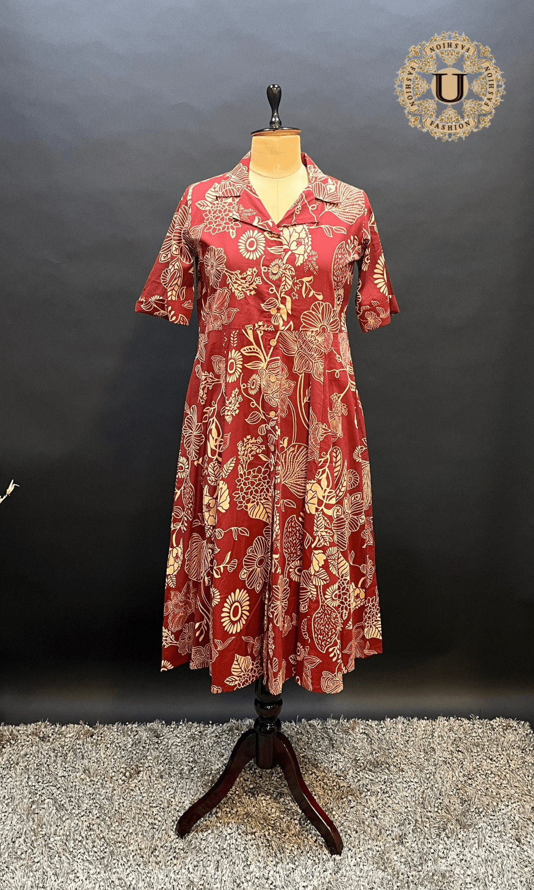 Rust Soft Cotton Indo-Western Flare Kurti with Big Prints U fashion
