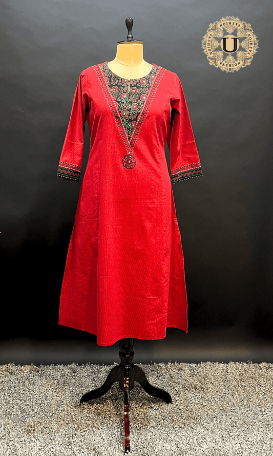 Red Cotton Printed Yoke Long Kurti S U fashion