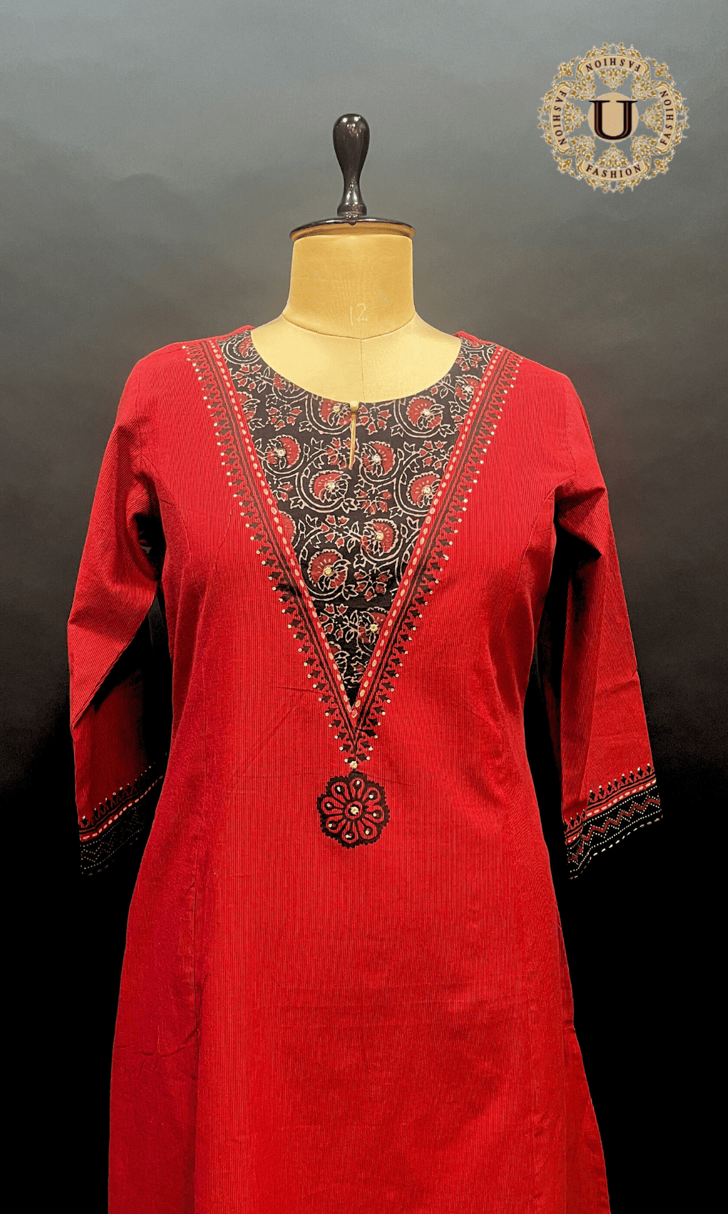 Red Cotton Printed Yoke Long Kurti S U fashion
