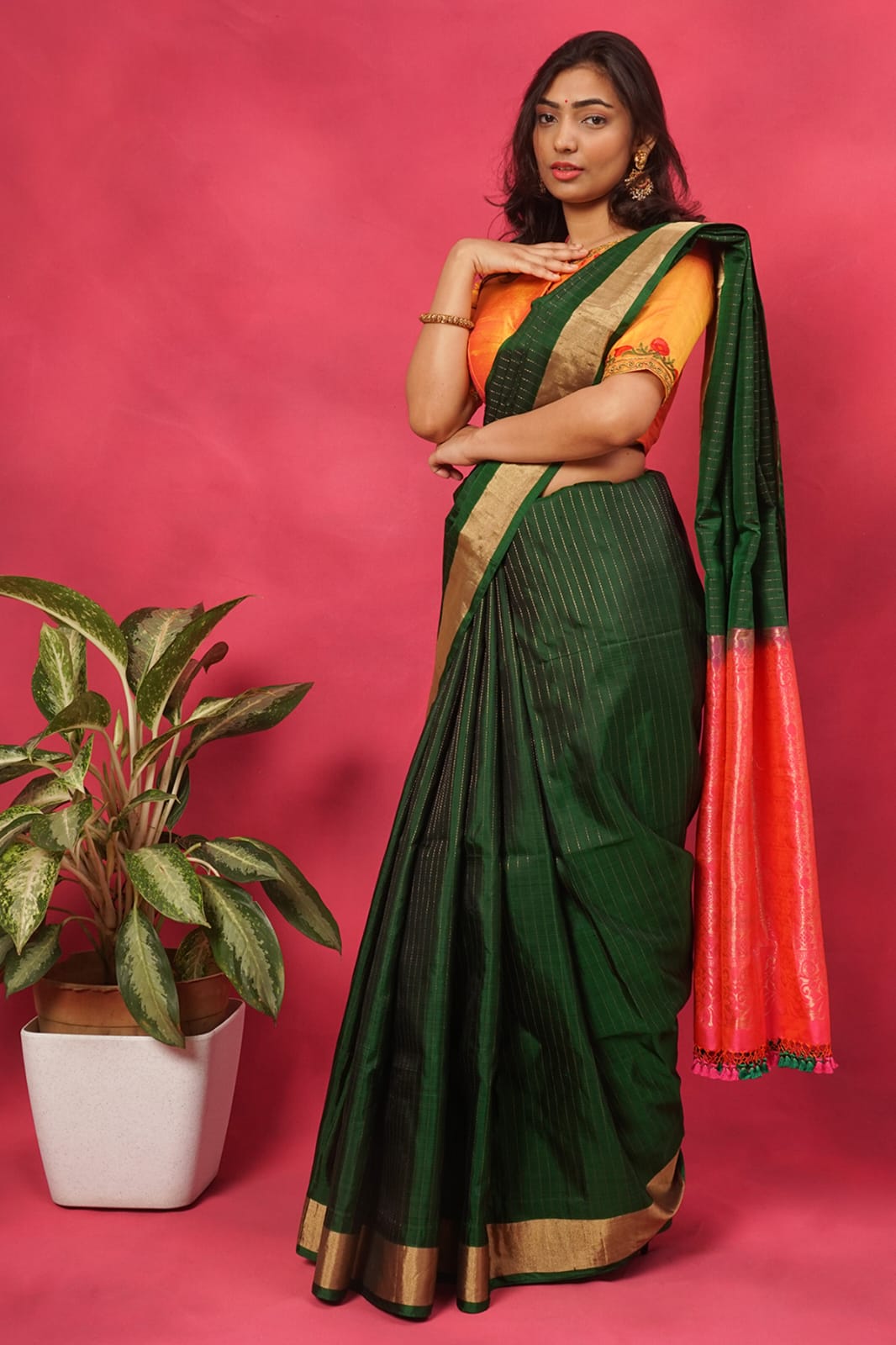 Green pure silk saree with contrast pallu