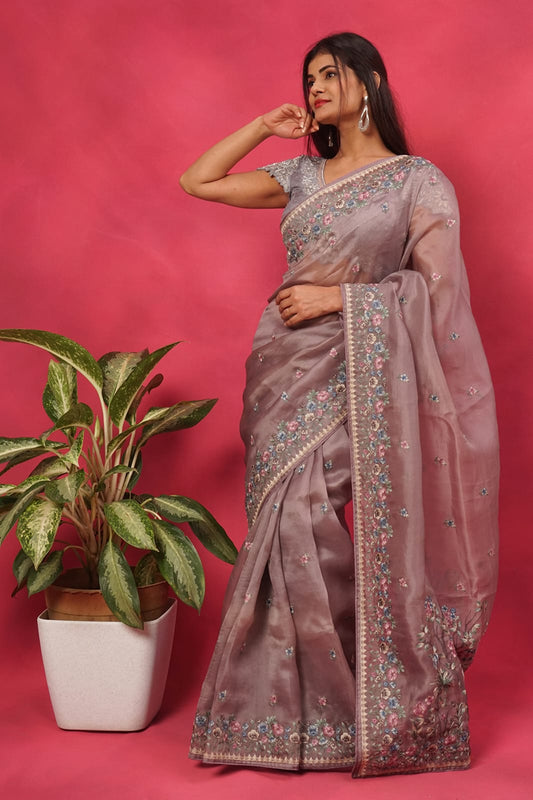 Gray organza saree with floral embroidered border