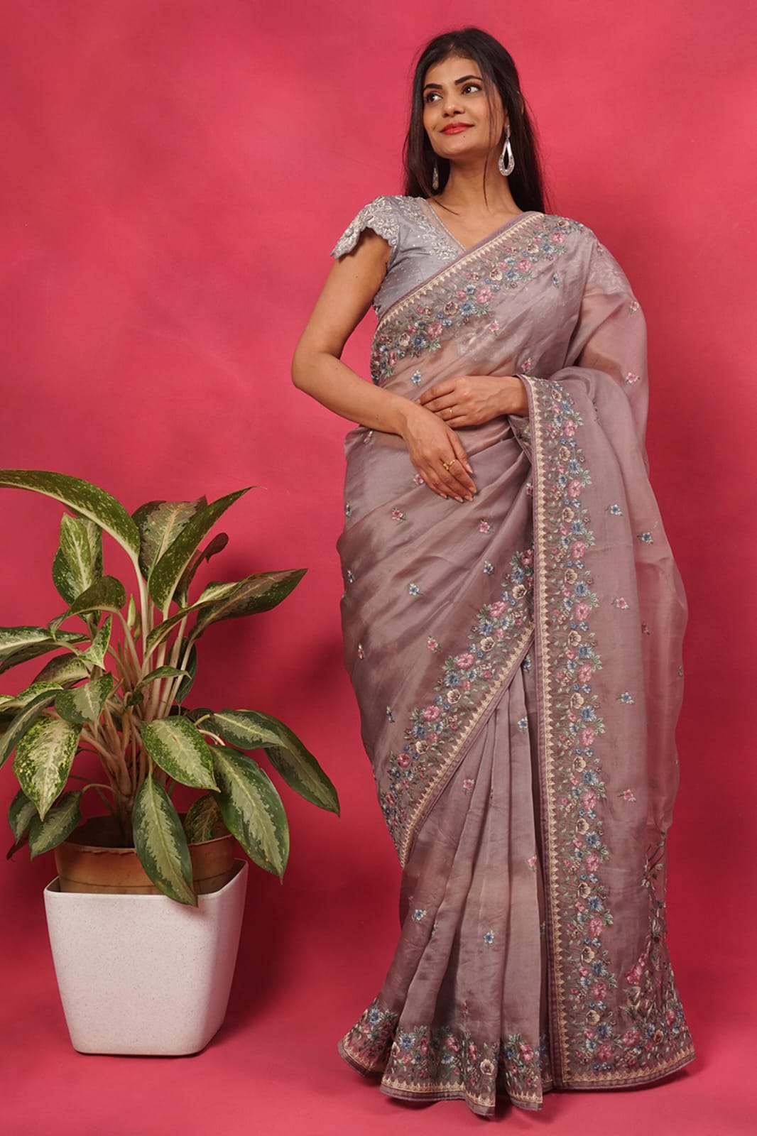 Gray organza saree with floral embroidered border