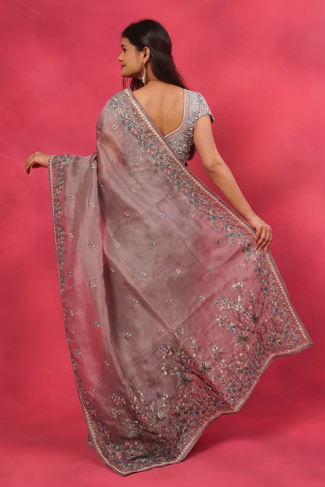 Gray organza saree with floral embroidered border