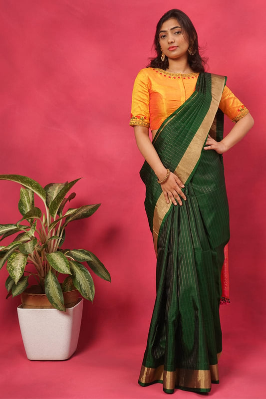 Green pure silk saree with contrast pallu