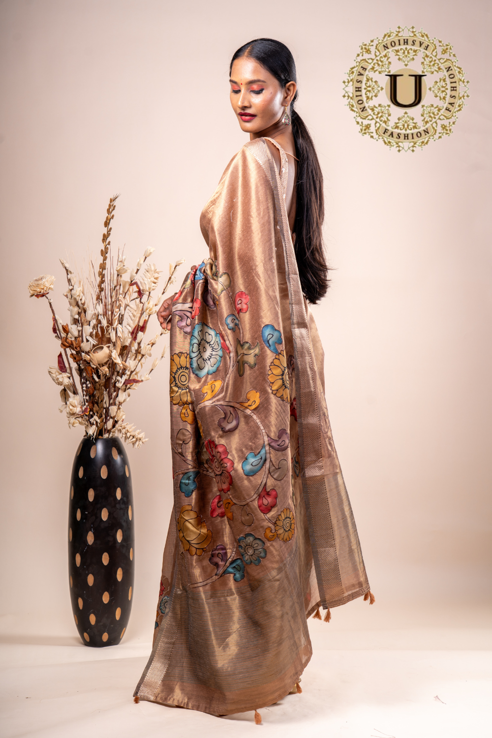 Copper Cotton Silk Kalamkari Applique Saree