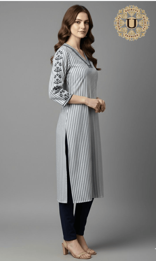 White & Blue Cotton Stripe Long Kurti S U fashion