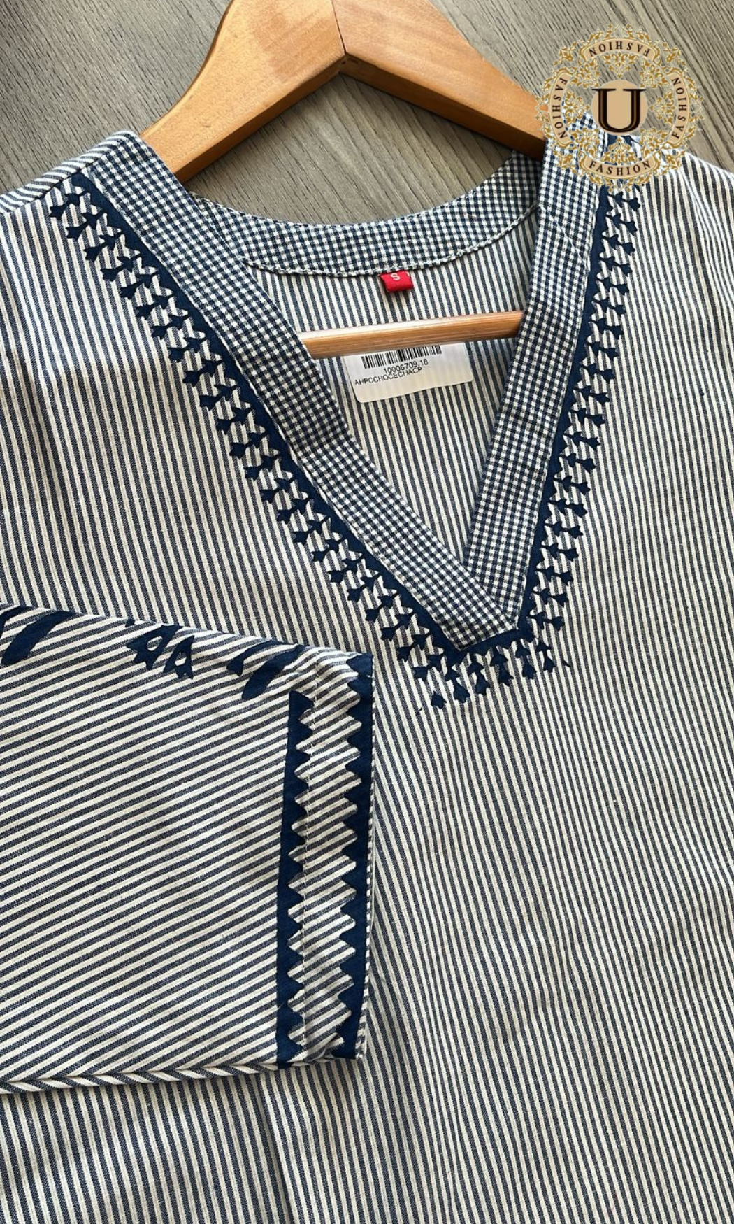 Navy Blue Cotton Stripe Long Kurti