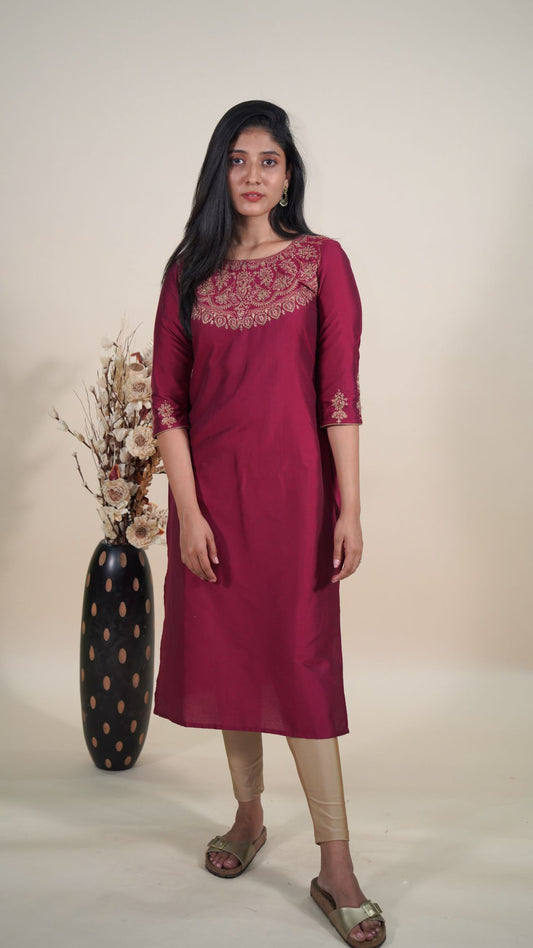 Wine Cotton Slik Zari Yoke Long Kurti