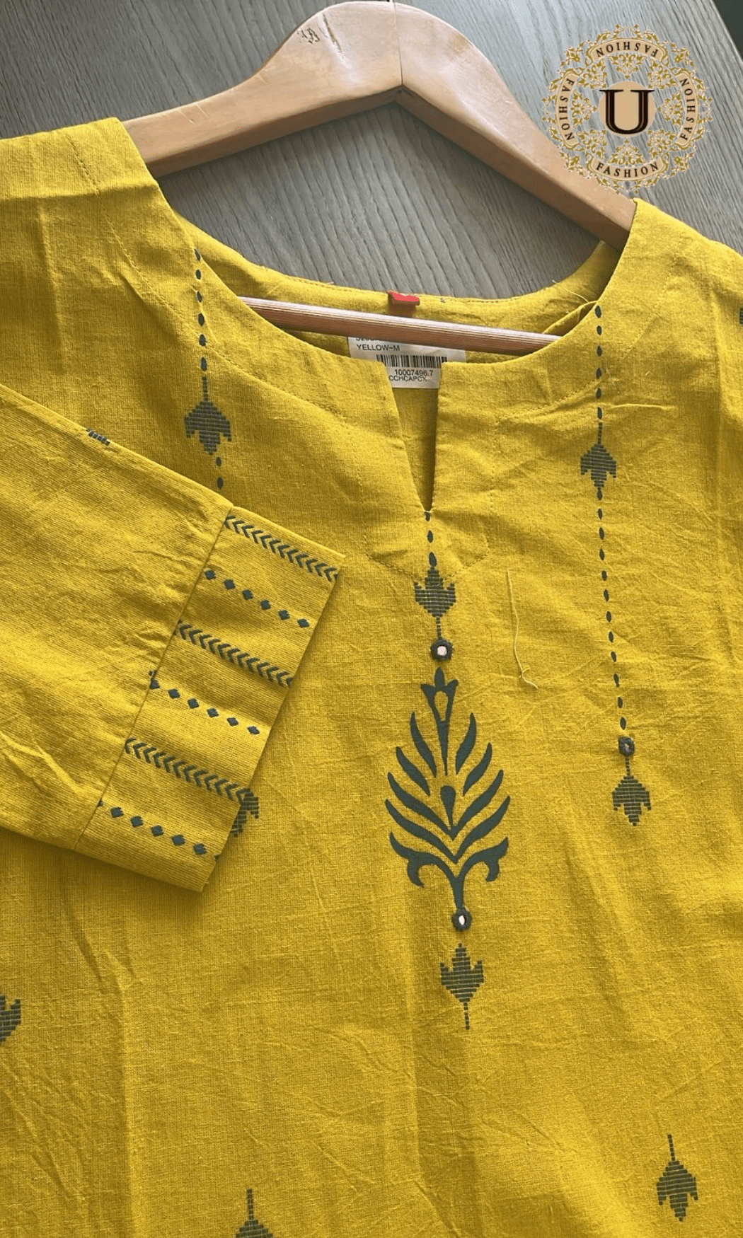 Yellow printed cotton long kurti U fashion
