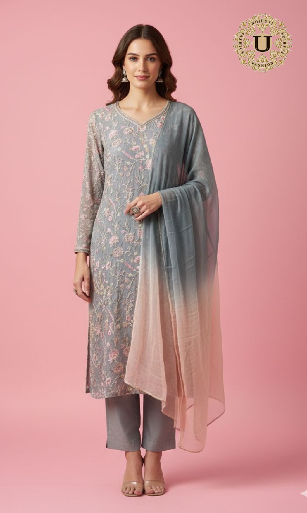 Grey and Pink Georgette Emroidered Suit