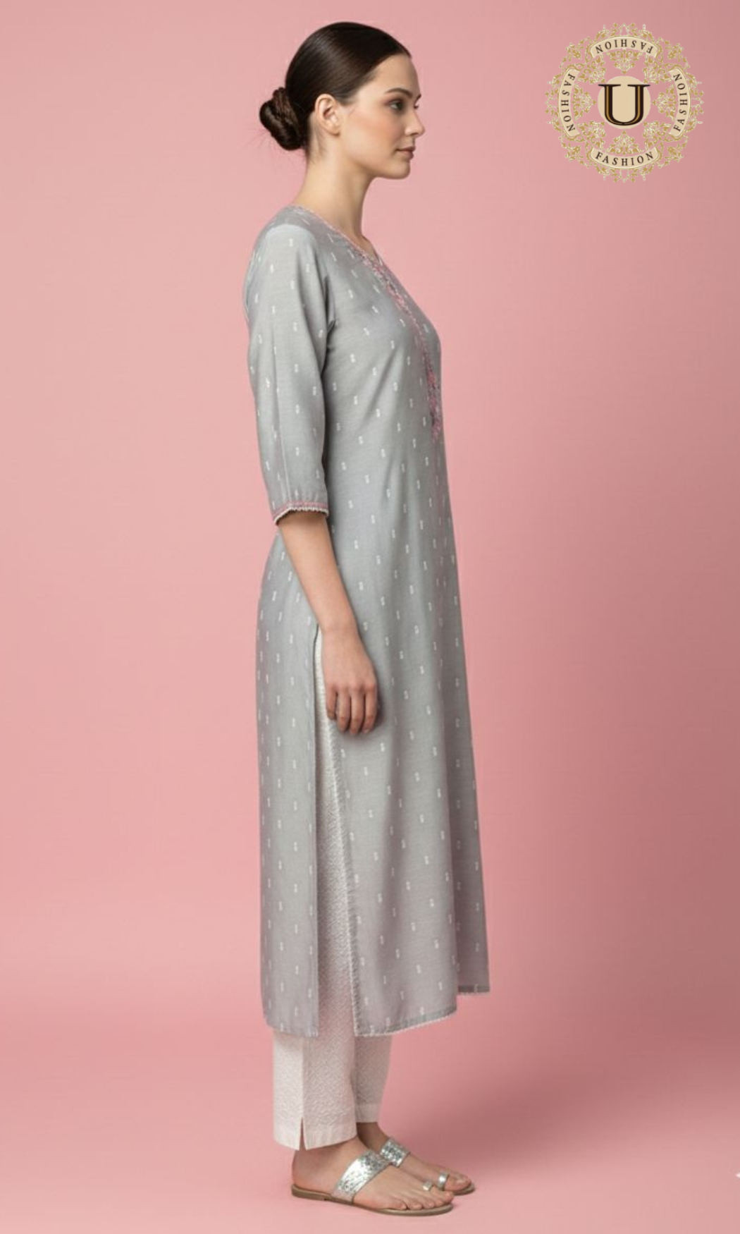 Grey Emroidered Cotton Silk Kurti with Trouser