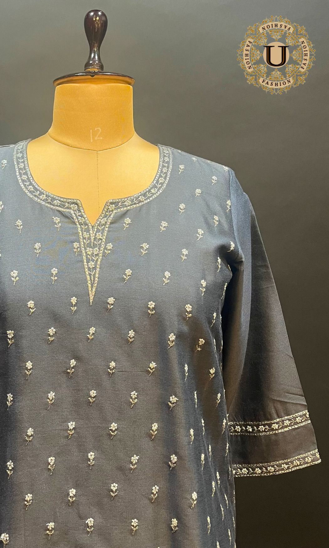 Steel gray spun Embroidered Long Kurti