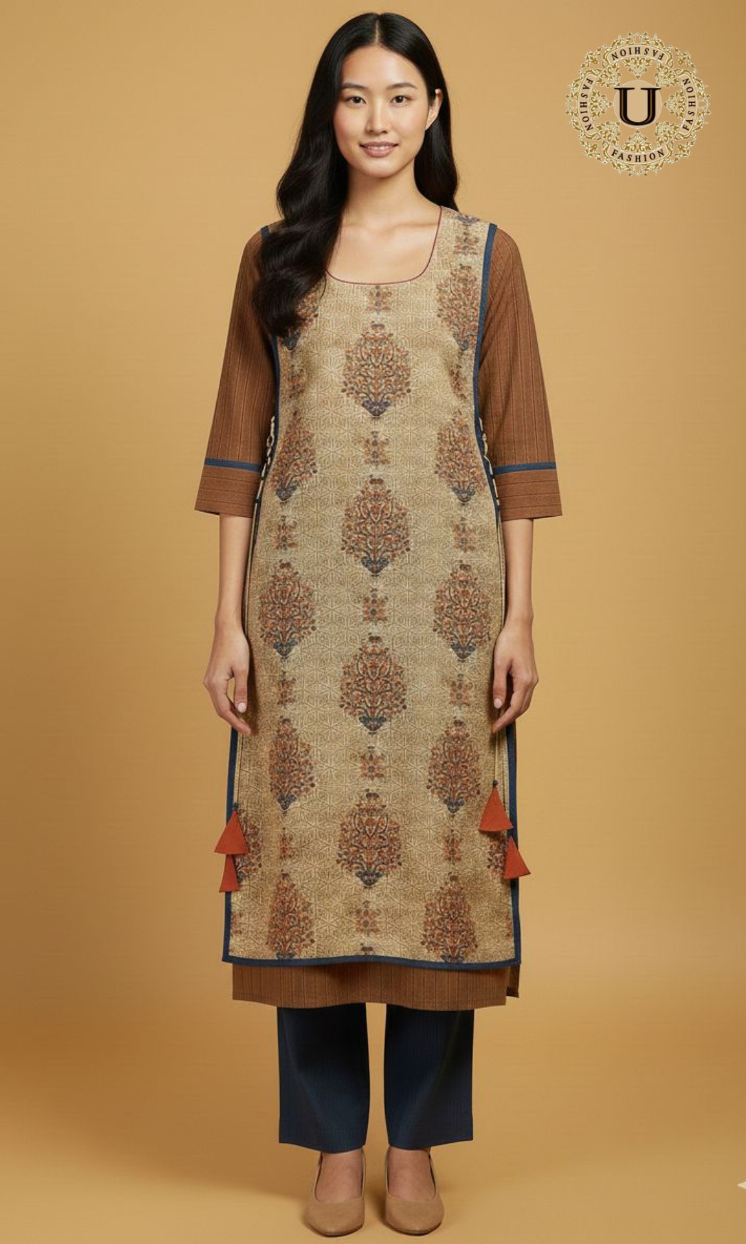 Beige and Brown Layered Straight cut Long Kurti