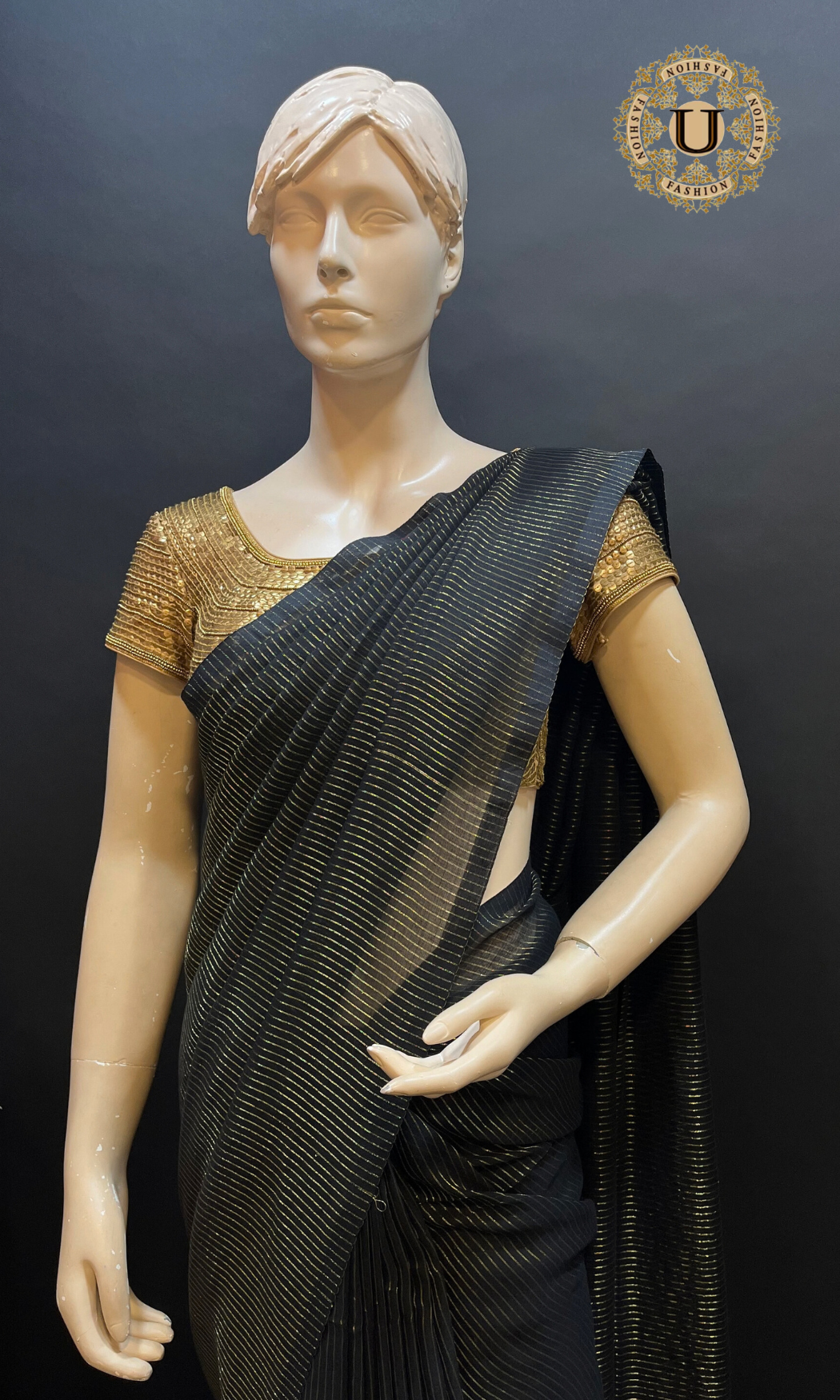 Black with Gold Zari Stripes Mul Cotton Saree