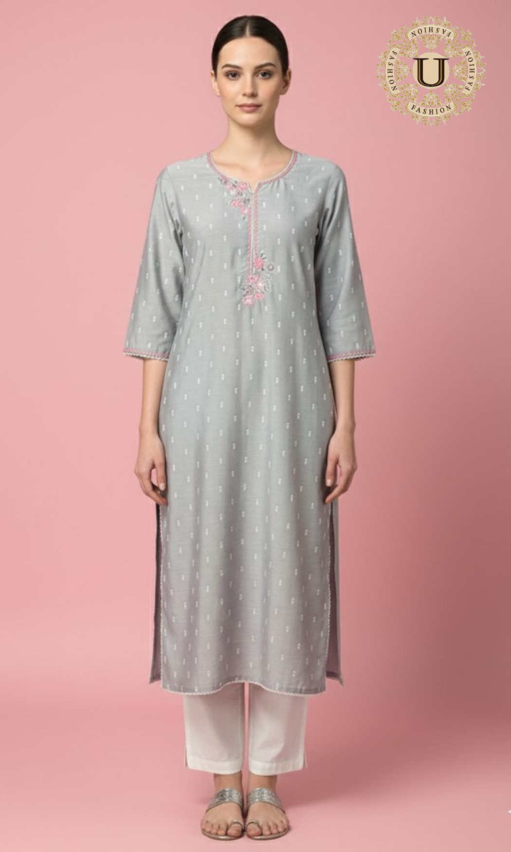 Grey Emroidered Cotton Silk Kurti with Trouser