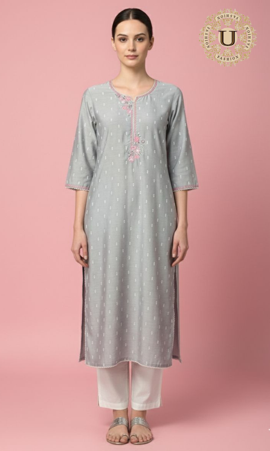 Grey Emroidered Cotton Silk Kurti with Trouser