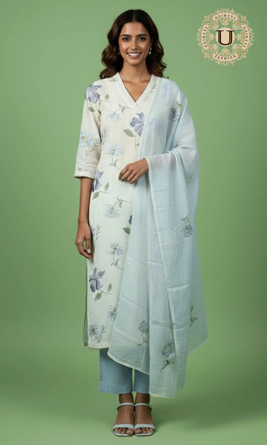 White Printed Kurti Set