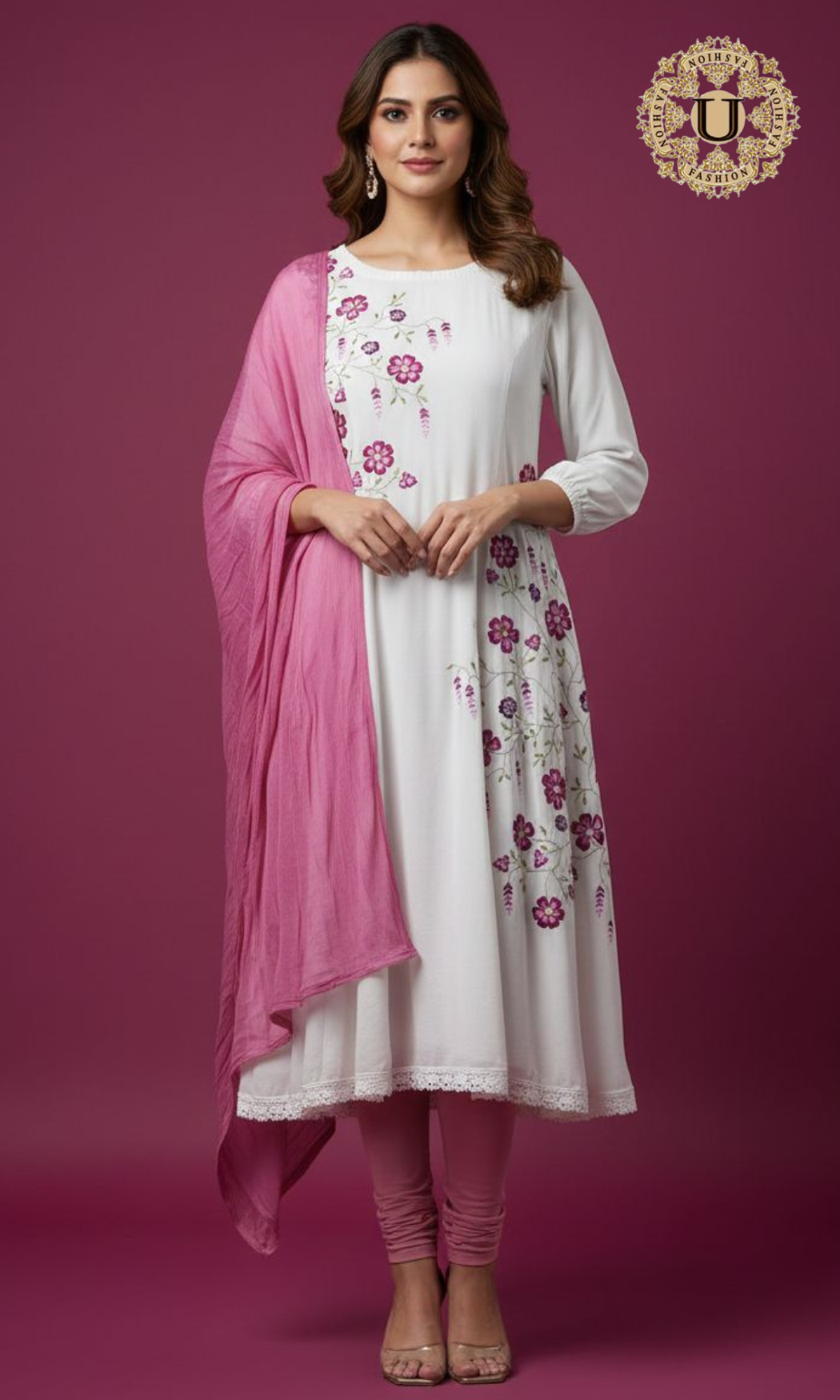 White Bamboo Silk Suit Set with Purple Floral Embroidery