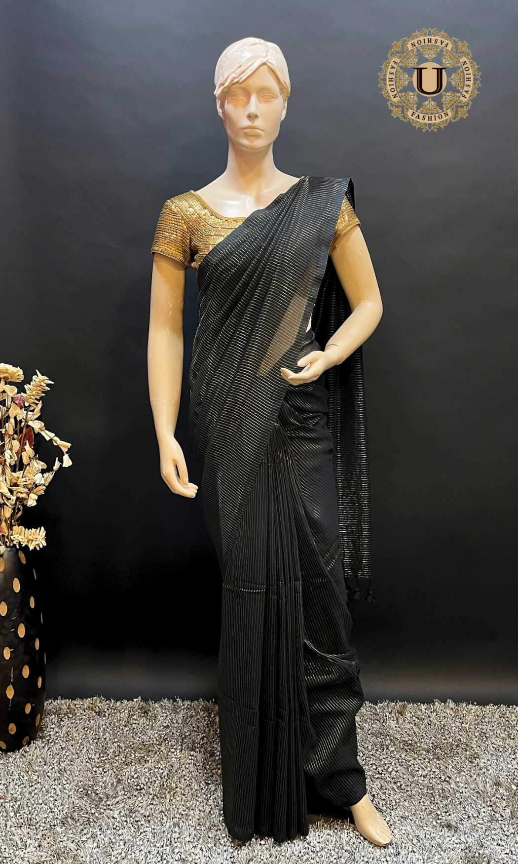 Black with Gold Zari Stripes Mul Cotton Saree